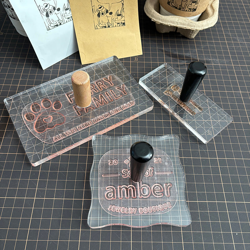 Clear silicone custom logo stamp on white background